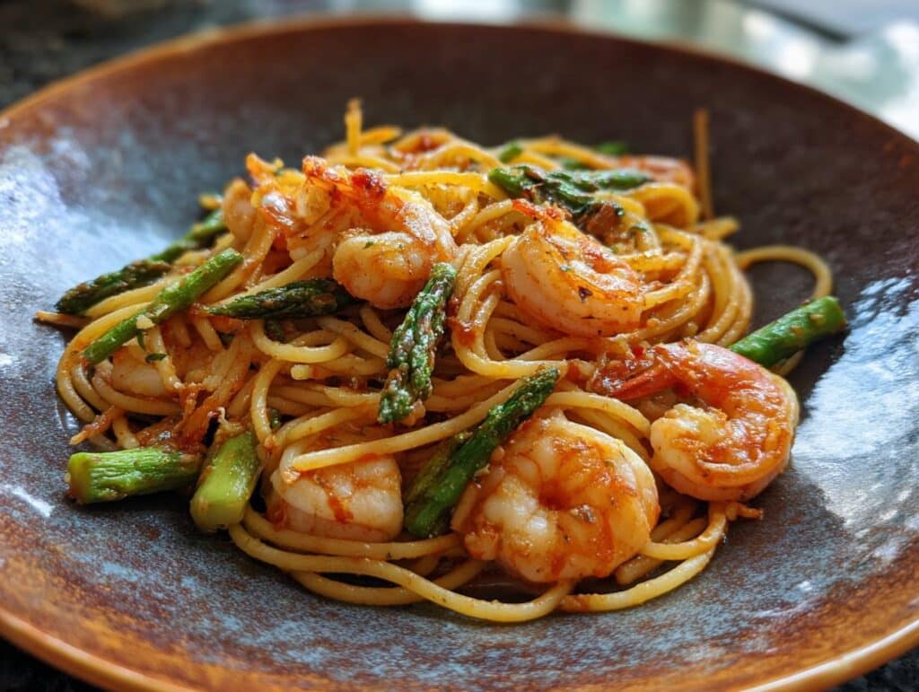A serving of Asparagus Shrimp Angel Hair Pasta in a rustic bowl, featuring large shrimp and bright green asparagus.