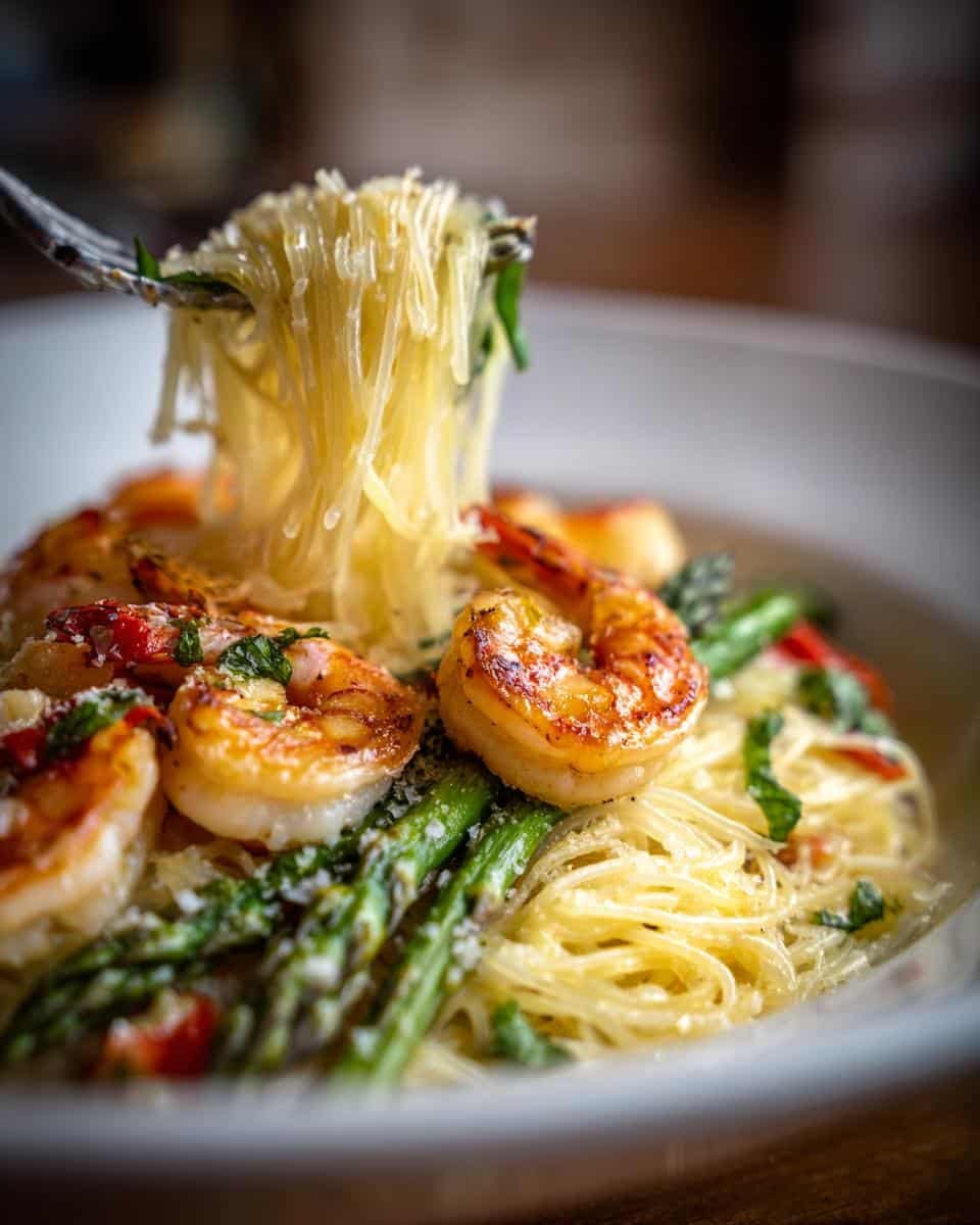 Asparagus Shrimp Angel Hair Pasta: 30-Minute Bliss 6 Close-up of Asparagus Shrimp Angel Hair Pasta with grilled shrimp and asparagus, served on a fork.