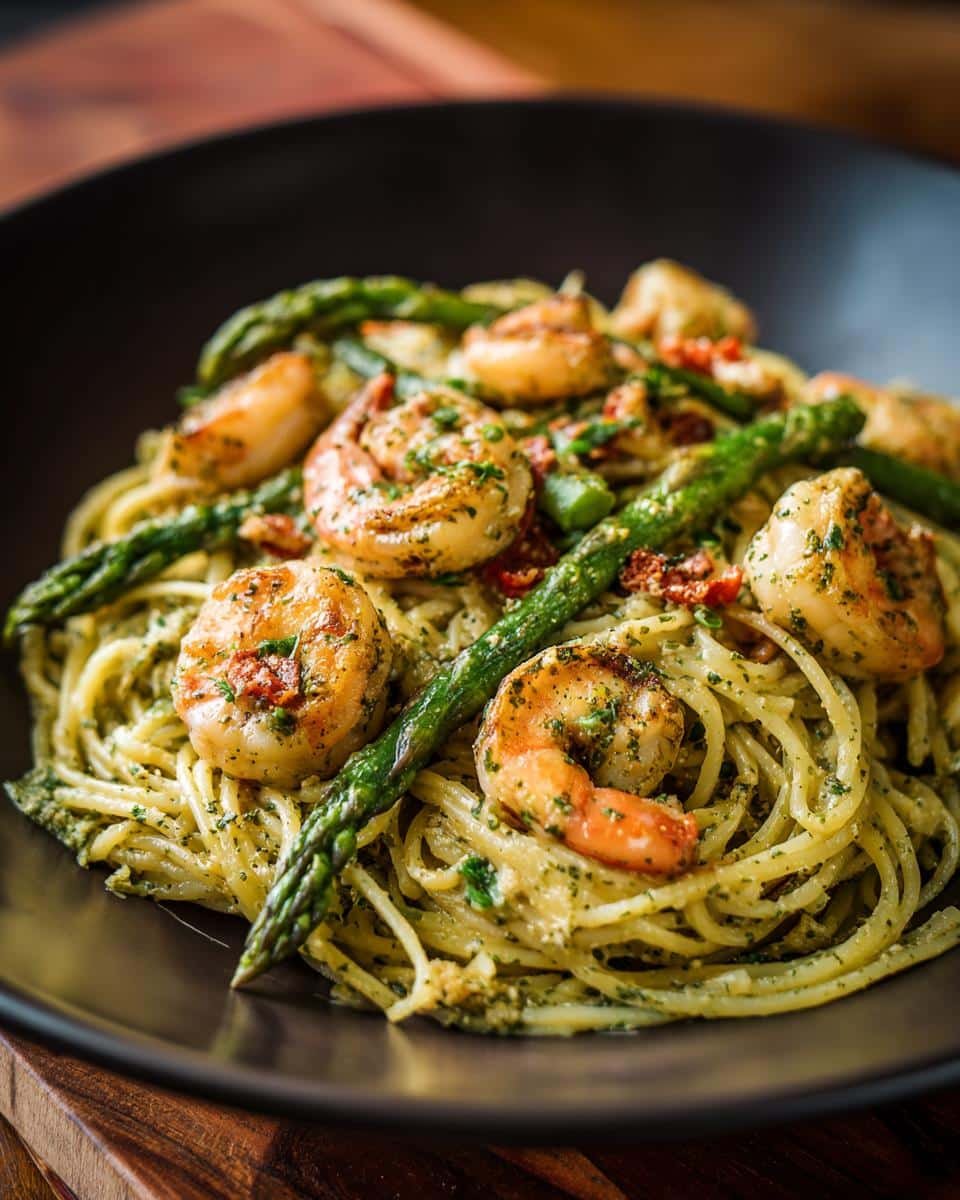 Asparagus Shrimp Angel Hair Pasta: 30-Minute Bliss 7 A delicious plate of Asparagus Shrimp Angel Hair Pasta, featuring grilled shrimp and asparagus.