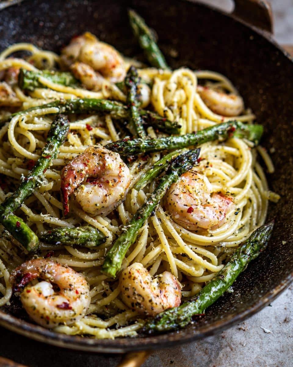 Asparagus Shrimp Angel Hair Pasta: 30-Minute Bliss 8 A close-up of Asparagus Shrimp Angel Hair Pasta, showcasing the shrimp, asparagus, and pasta strands.