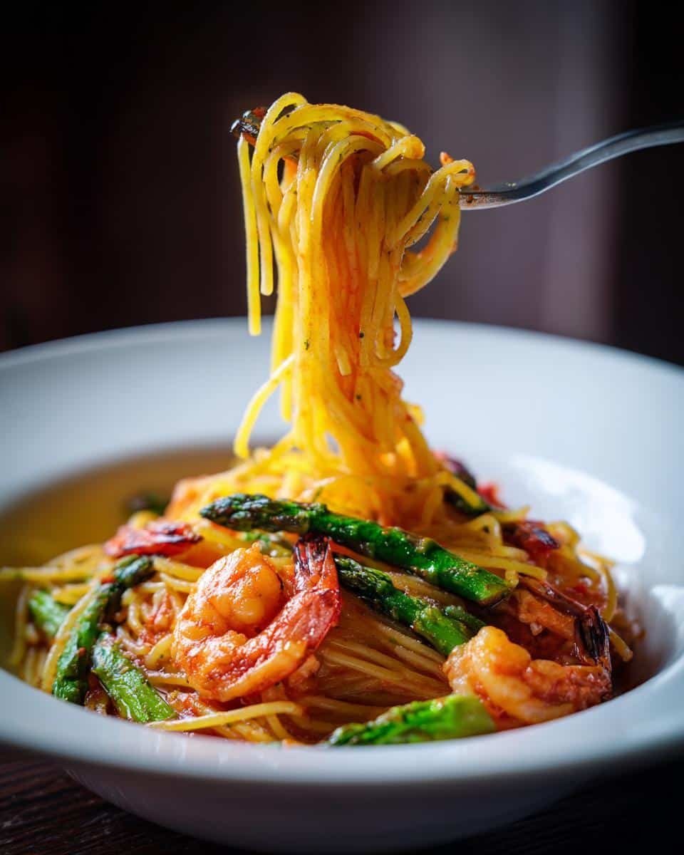 Asparagus Shrimp Angel Hair Pasta: 30-Minute Bliss 9 Close-up of Asparagus Shrimp Angel Hair Pasta in a bowl, with a fork lifting some pasta.