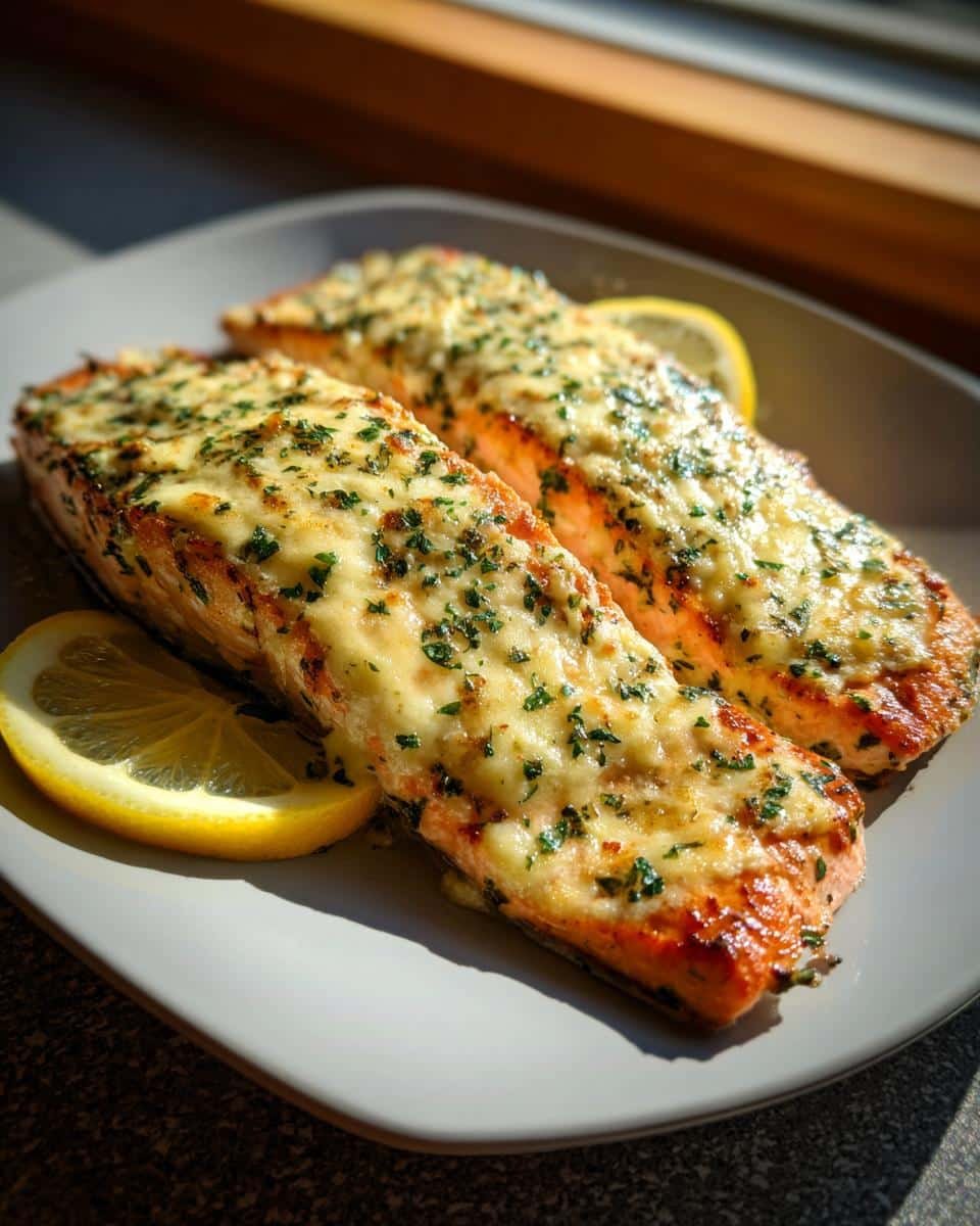 Disgustingly Easy Baked Boursin Salmon in 12 Minutes 6 Two fillets of Baked Boursin Salmon on a plate, garnished with lemon wedges and fresh herbs.