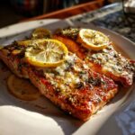 Two fillets of Baked Boursin Salmon on a plate, topped with melted cheese, herbs, and lemon slices.