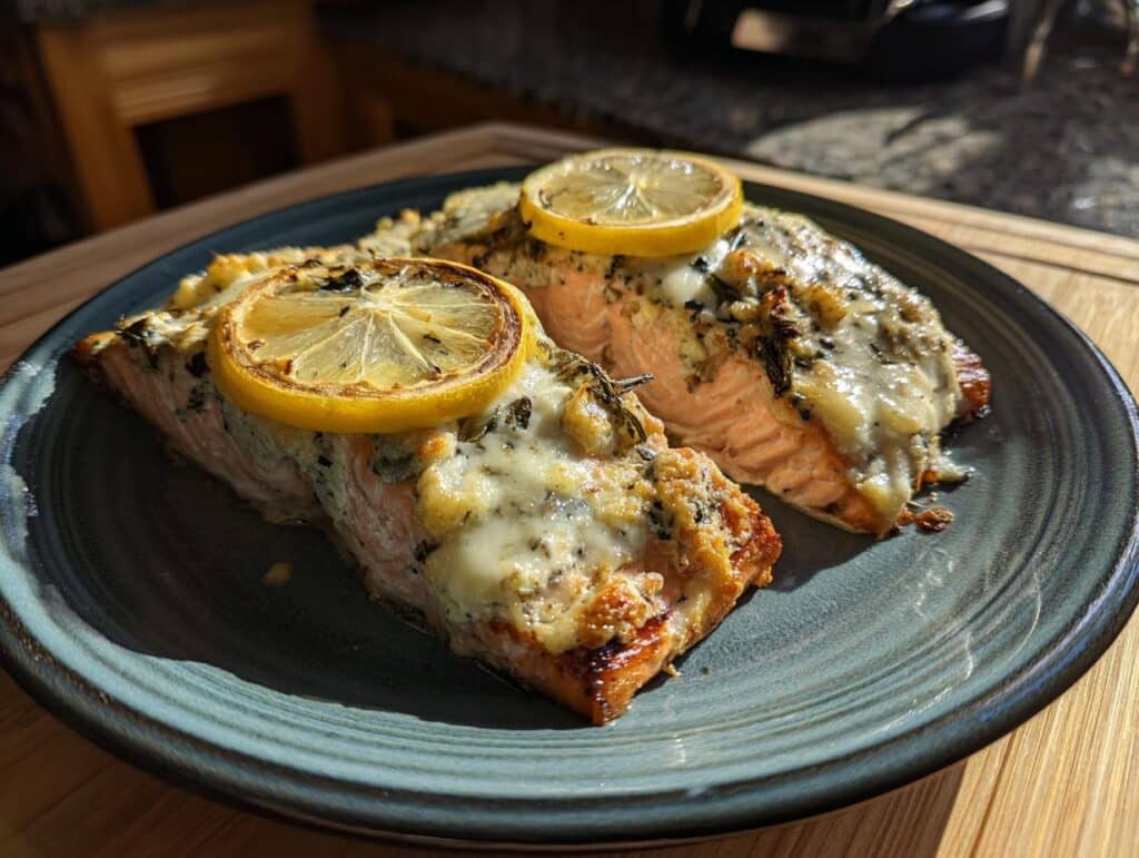 Two pieces of Baked Boursin Salmon on a blue plate, garnished with lemon slices.
