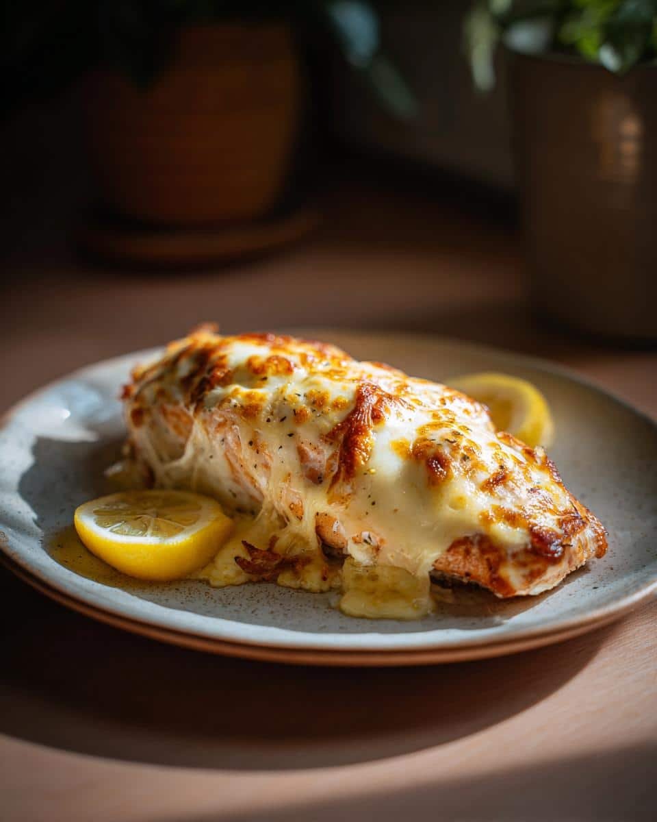 Disgustingly Easy Baked Boursin Salmon in 12 Minutes 8 A delicious piece of Baked Boursin Salmon on a plate, garnished with lemon wedges.