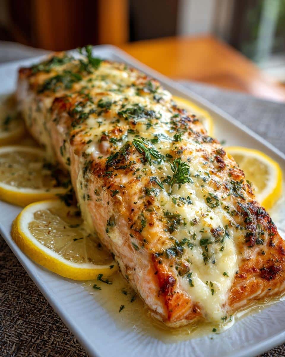 Disgustingly Easy Baked Boursin Salmon in 12 Minutes 9 A close-up of Baked Boursin Salmon on a white plate, garnished with lemon slices and fresh herbs.