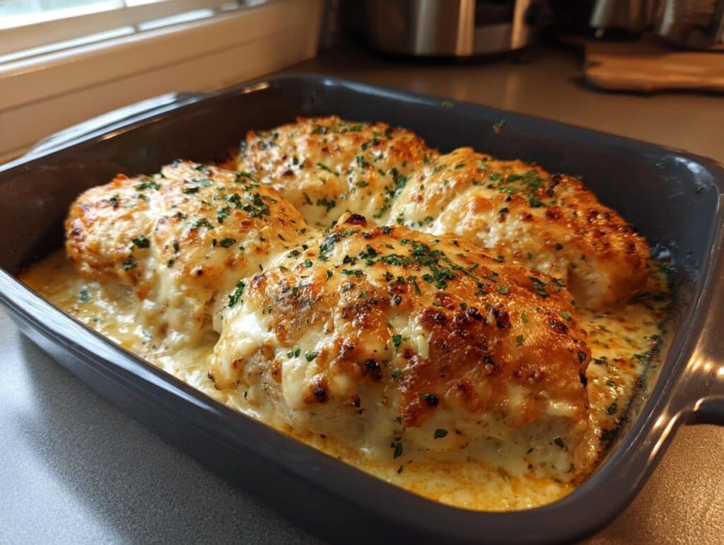 Four pieces of Baked Cream Cheese Chicken in a baking dish, topped with melted cheese and herbs.