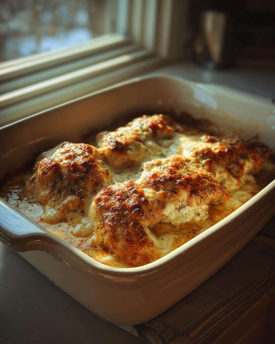 Disgustingly Easy: Baked Cream Cheese Chicken in 30 9 Close up of Baked Cream Cheese Chicken in a white baking dish, golden brown and bubbly.