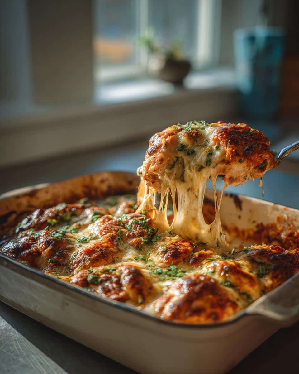 Disgustingly Easy: Baked Cream Cheese Chicken in 30 7 Close-up of Baked Cream Cheese Chicken being lifted from a baking dish, showing melted cheese and herbs.