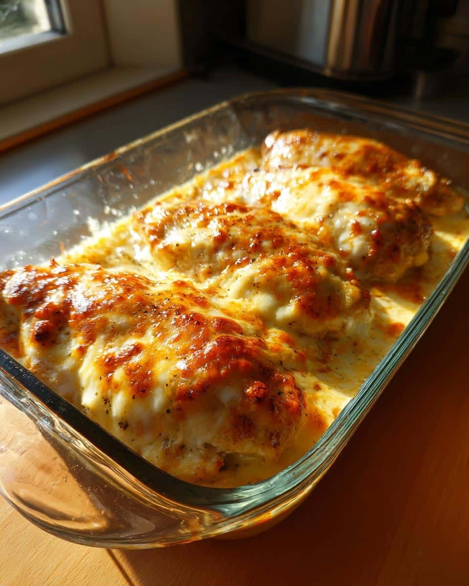 Disgustingly Easy: Baked Cream Cheese Chicken in 30 6 Overhead view of Baked Cream Cheese Chicken in a glass baking pan, golden brown and bubbly.