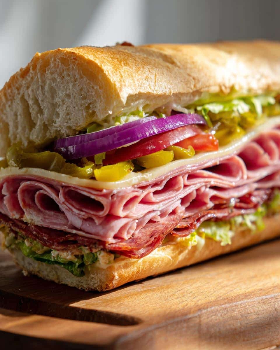 Irresistible Baked Italian Sub Sandwiches in Under 20 9 Close-up of a fully loaded Baked Italian Sub Sandwich with layers of meat, cheese, and fresh vegetables.