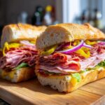 Two fully loaded Baked Italian Sub Sandwiches with layers of meat, cheese, and toppings.