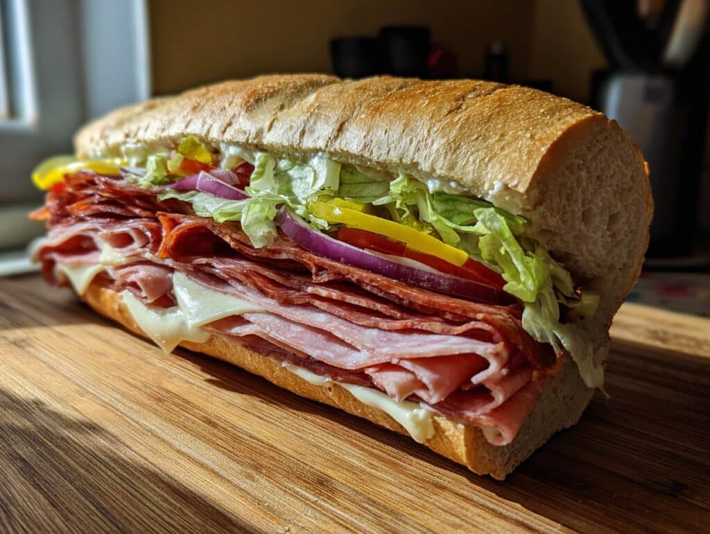 A fully loaded Baked Italian Sub Sandwiches with layers of meat, cheese, and fresh vegetables on a wooden board.