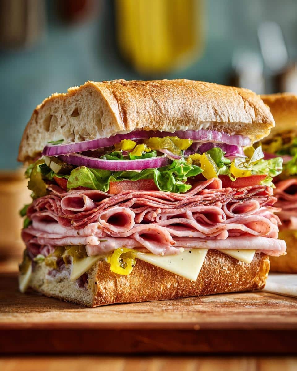 Irresistible Baked Italian Sub Sandwiches in Under 20 6 Close-up of a stacked Baked Italian Sub Sandwiches with layers of meat, cheese, lettuce, tomato, and red onion.