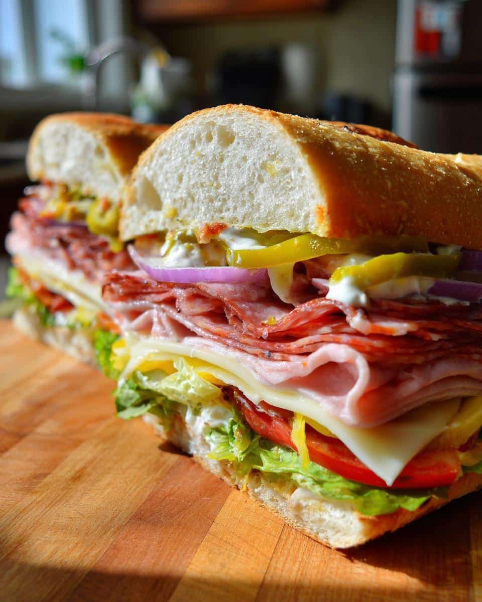 Irresistible Baked Italian Sub Sandwiches in Under 20 7 Close-up of layered Baked Italian Sub Sandwiches with meat, cheese, lettuce, tomato, and toppings.