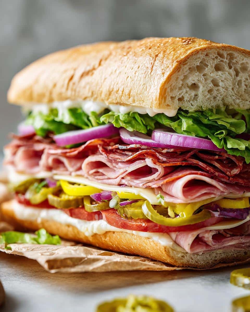 Irresistible Baked Italian Sub Sandwiches in Under 20 8 Close-up of a delicious, fully loaded Baked Italian Sub Sandwiches with layers of meat, cheese, and vegetables.