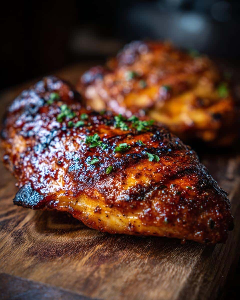 Failproof Baked Ranch Chicken Recipe Tonight 8 Two pieces of juicy Baked Ranch Chicken breast on a wooden board, garnished with herbs.