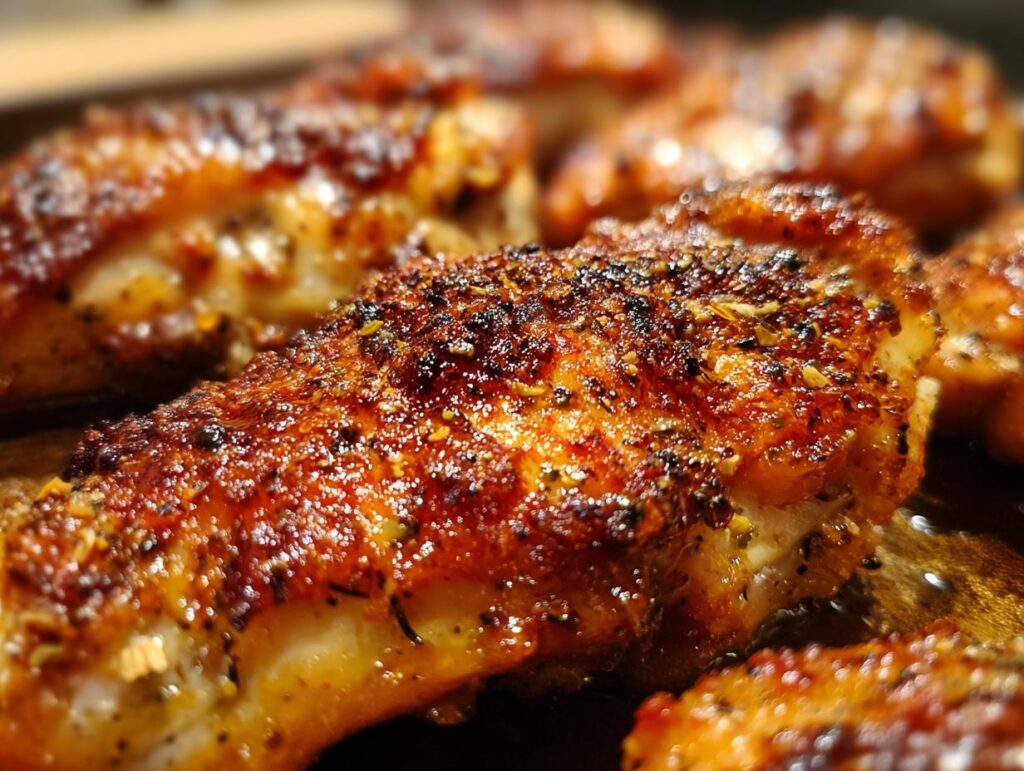 Close-up of Baked Ranch Chicken with a crispy, seasoned crust, fresh out of the oven.