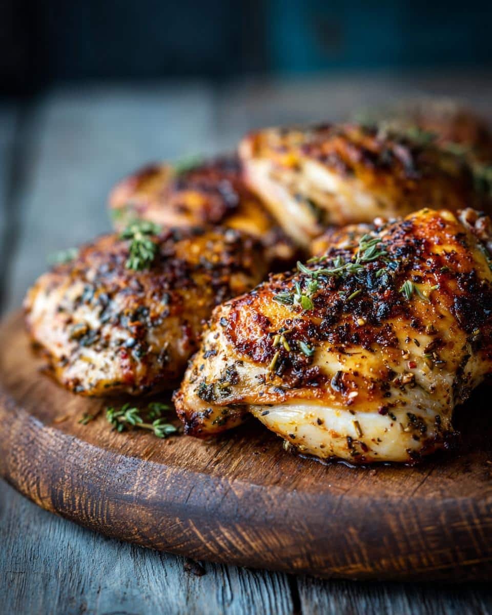 Failproof Baked Ranch Chicken Recipe Tonight 6 Close-up of Baked Ranch Chicken Recipe on a wooden board, seasoned with herbs.