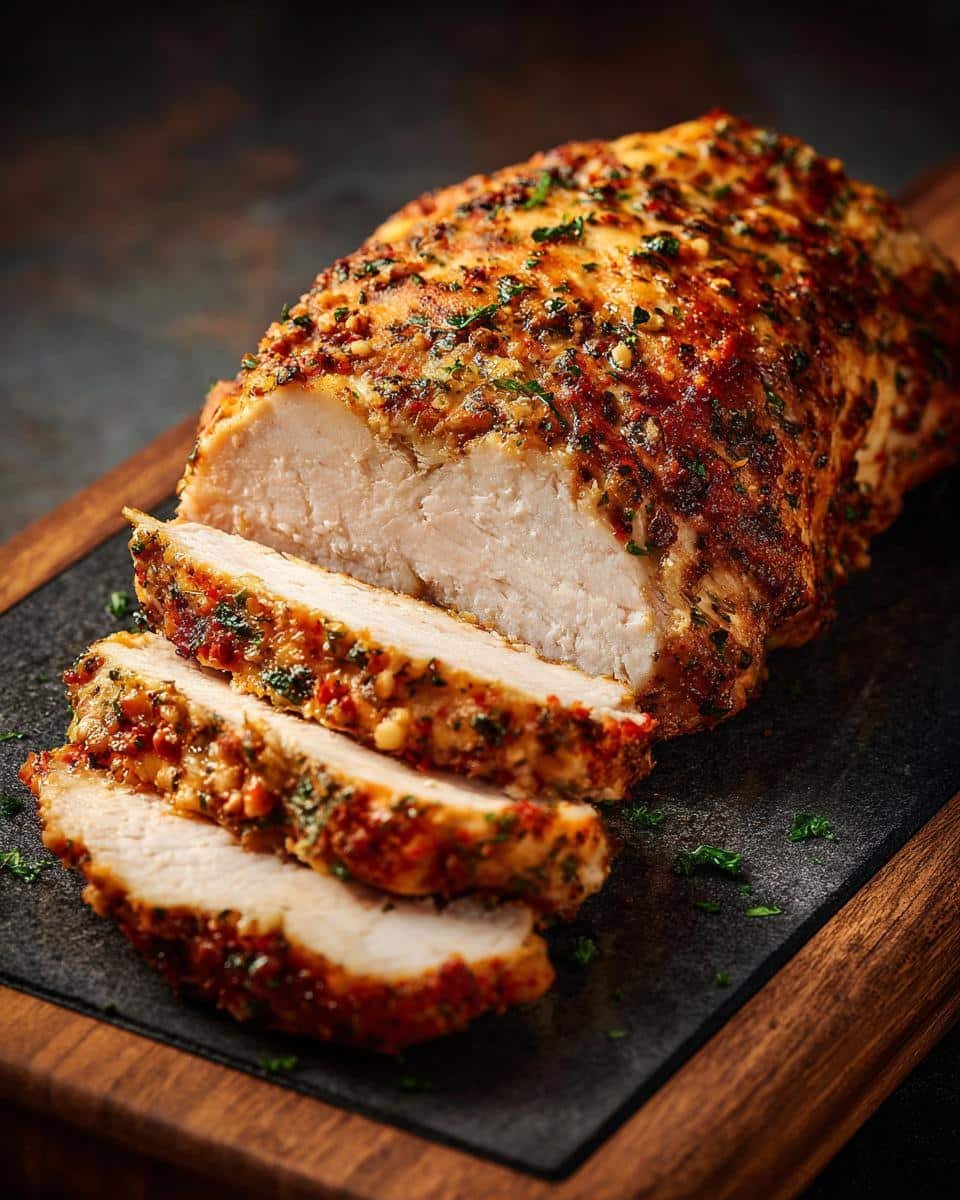 Failproof Baked Ranch Chicken Recipe Tonight 9 Close-up of sliced Baked Ranch Chicken breast on a dark cutting board with a wooden frame.