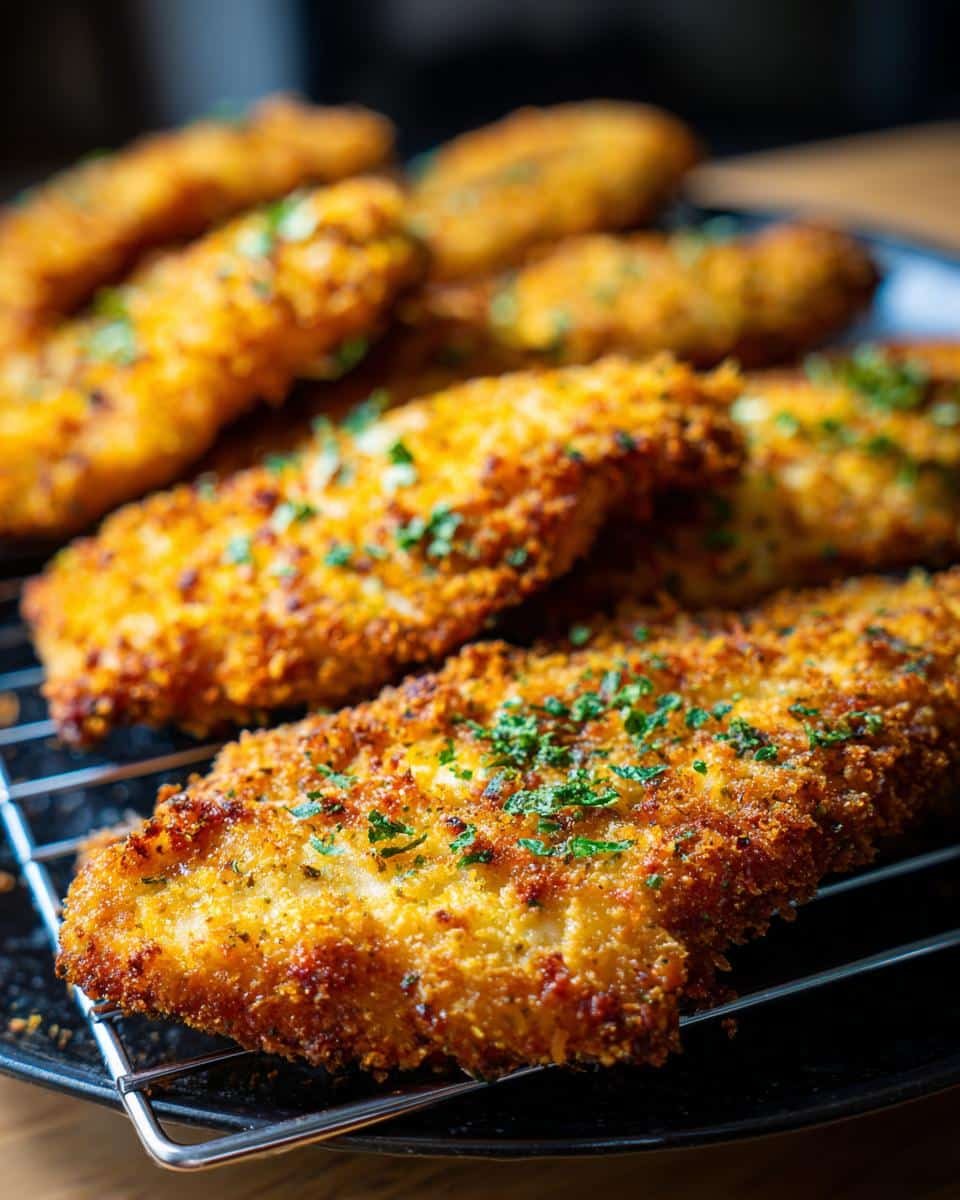 Failproof Baked Ranch Chicken Recipe Tonight 7 Close-up of crispy Baked Ranch Chicken pieces on a wire rack, garnished with fresh herbs.