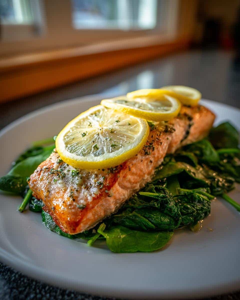Foolproof Baked Salmon with Spinach in Just 15 Minutes 6 A perfectly cooked piece of baked salmon with spinach and lemon slices on a white plate.