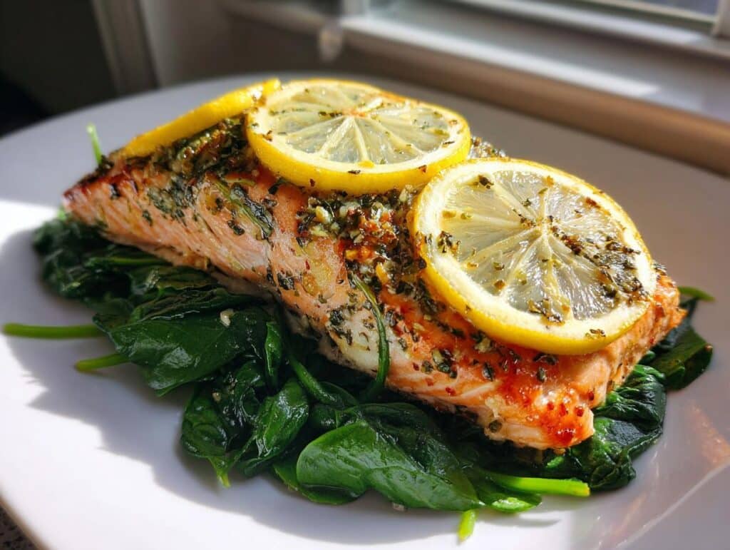 A vibrant image of Baked Salmon with Spinach, topped with lemon slices and herbs, served on a white plate.