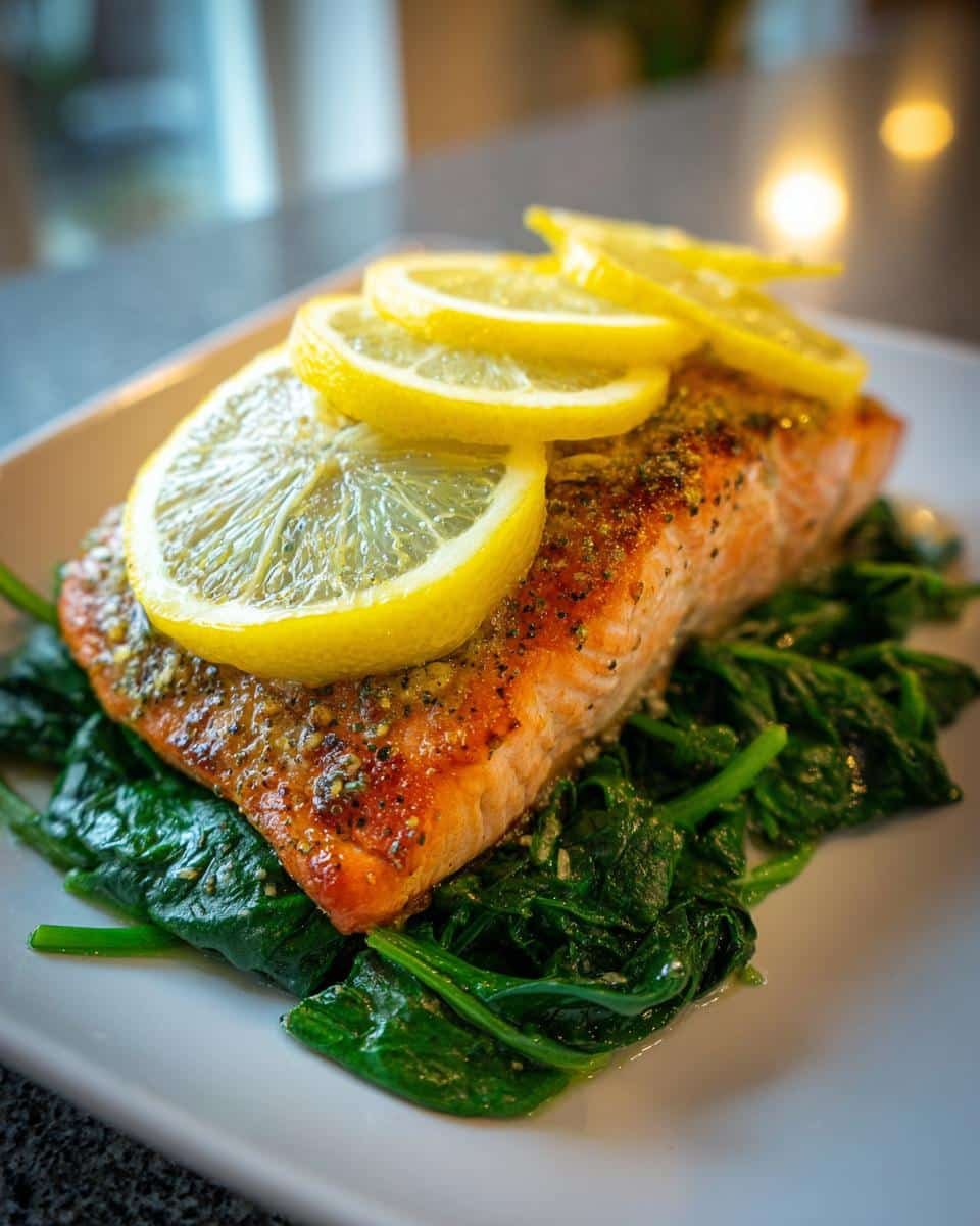 Foolproof Baked Salmon with Spinach in Just 15 Minutes 8 A delicious serving of baked salmon with spinach, topped with lemon slices. Ready to eat Baked Salmon with Spinach.