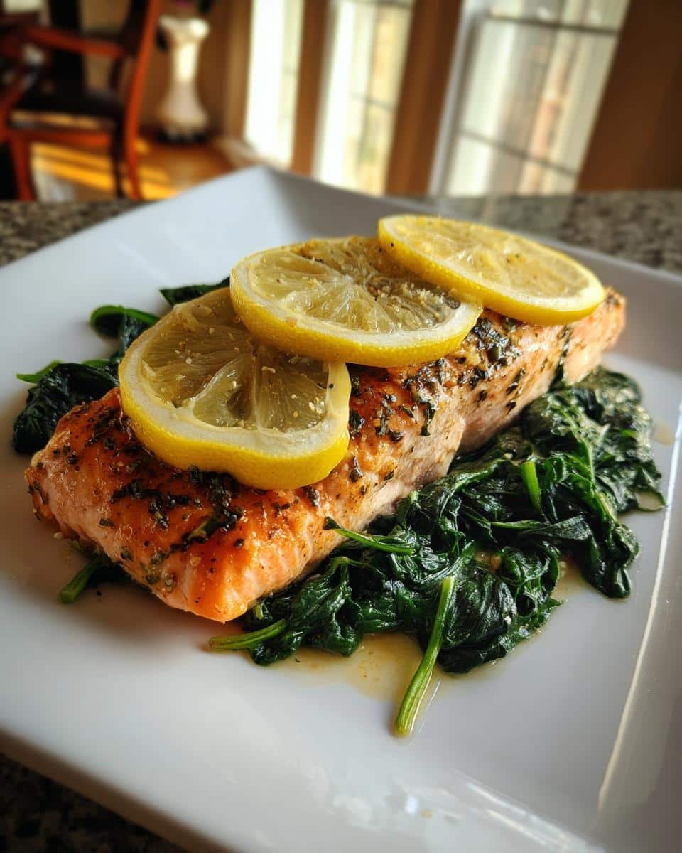 Foolproof Baked Salmon with Spinach in Just 15 Minutes 9 Baked Salmon with Spinach on a white plate, topped with lemon slices. Ready to eat.