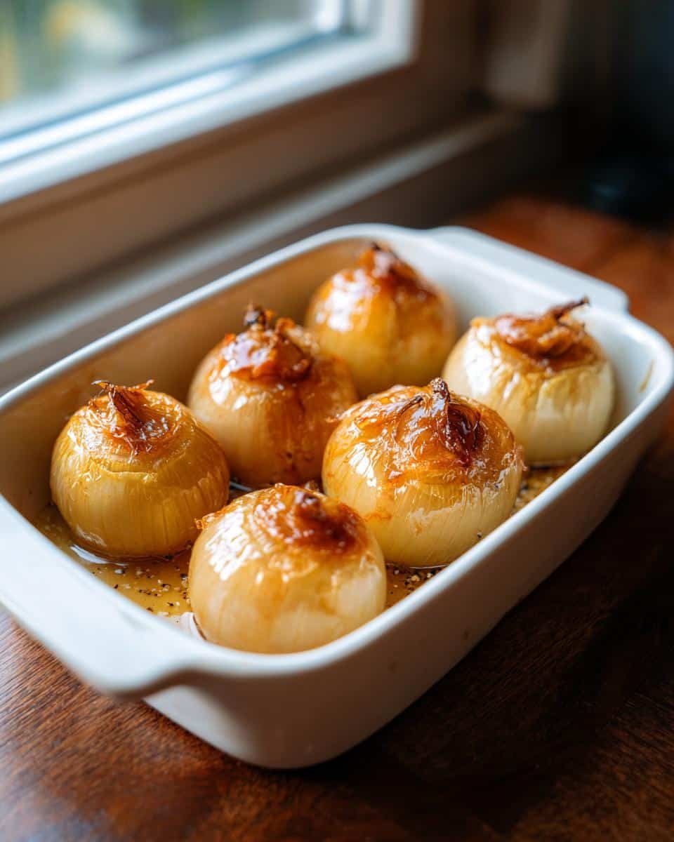 Tennessee Onions: 6 Ingredients for a Shockingly Good Dish 7 Six baked Tennessee Onions in a white baking dish, sitting on a wooden surface near a window.