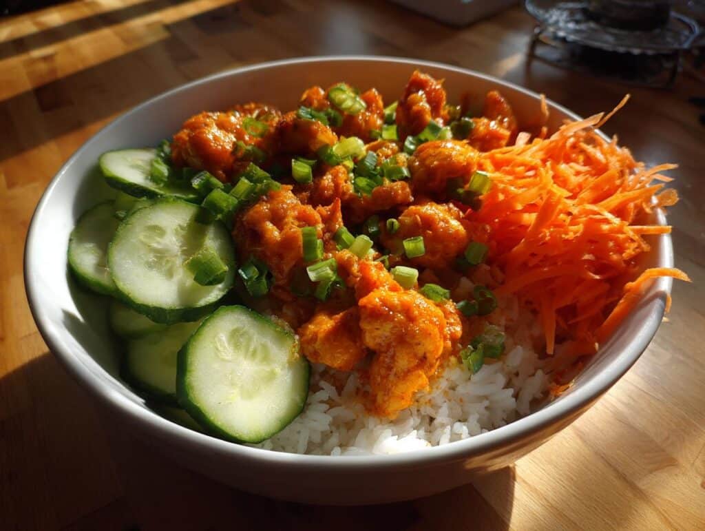 A vibrant Bang Bang Chicken Bowl with rice, chicken, cucumbers, and shredded carrots.