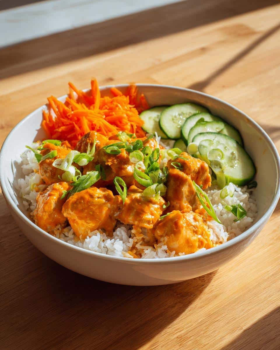 Irresistible Bang Bang Chicken Bowl in Just 30 Minutes 6 A vibrant Bang Bang Chicken Bowl with rice, chicken, carrots, cucumbers, and green onions.