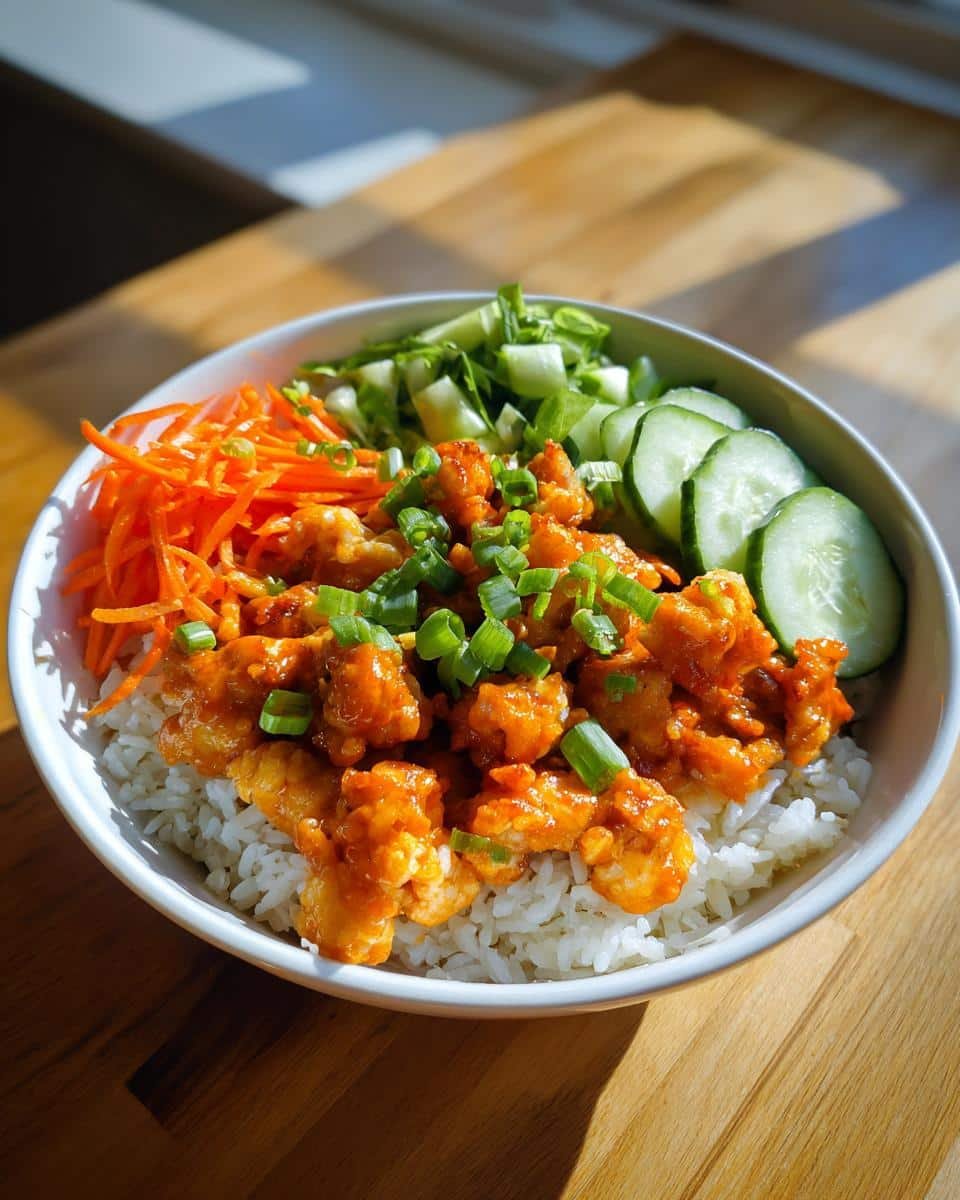 Irresistible Bang Bang Chicken Bowl in Just 30 Minutes 8 A vibrant Bang Bang Chicken Bowl with rice, chicken, carrots, cucumbers, and green onions.