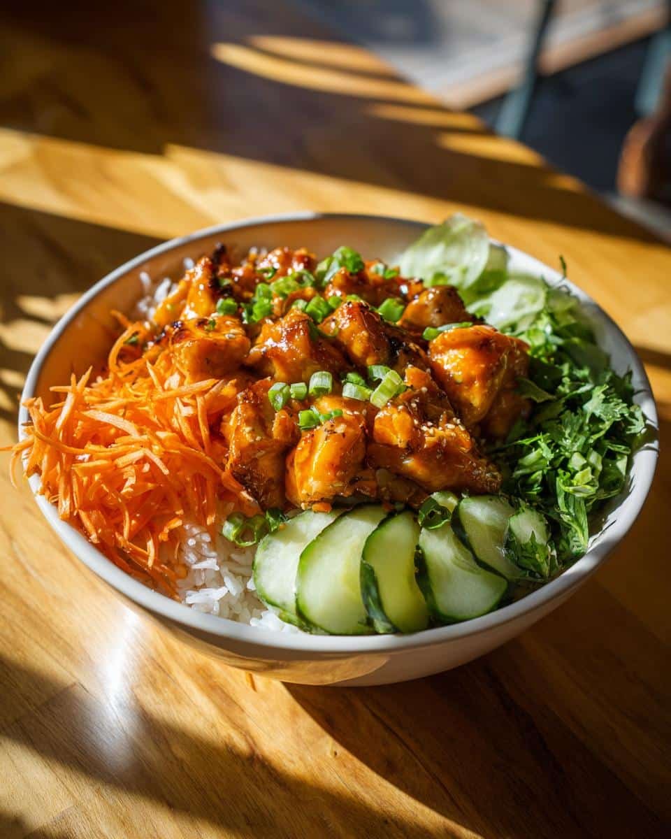Irresistible Bang Bang Chicken Bowl in Just 30 Minutes 9 A vibrant Bang Bang Chicken Bowl with glazed chicken, rice, carrots, cucumbers, and greens.