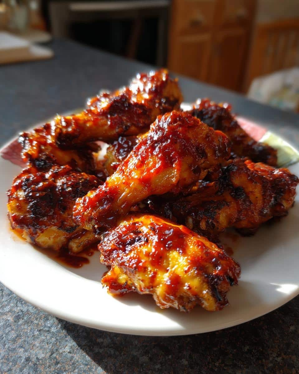 Disgustingly Easy 4-Ingredient BBQ Chicken Recipe 6 A plate of BBQ chicken wings, glistening with sauce. Perfect for a quick and easy meal.