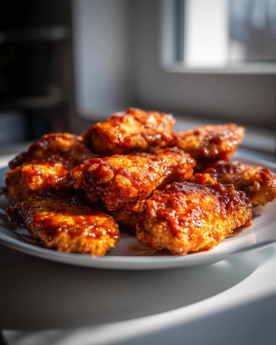 Disgustingly Easy 4-Ingredient BBQ Chicken Recipe 9 Plate of BBQ chicken wings, glazed and ready to eat. High-Protein Weight Loss Soup for Healthy Eating is not shown.