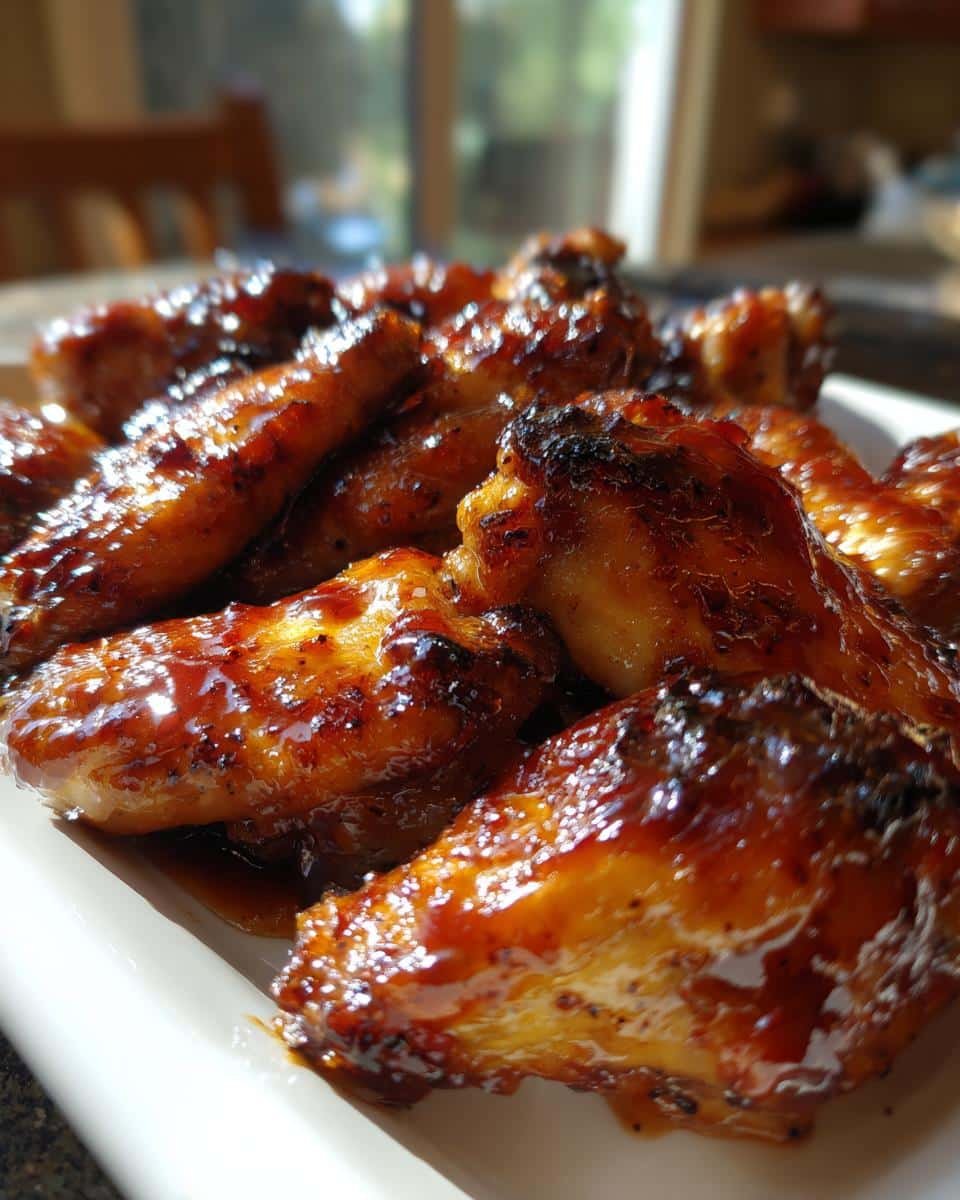 Disgustingly Easy 4-Ingredient BBQ Chicken Recipe 7 Close-up of BBQ chicken wings on a white plate. High-Protein Weight Loss Soup for Healthy Eating is not shown.