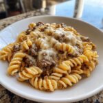 A delicious plate of Beef and Rotini in Garlic Parmesan Sauce, topped with melted cheese.