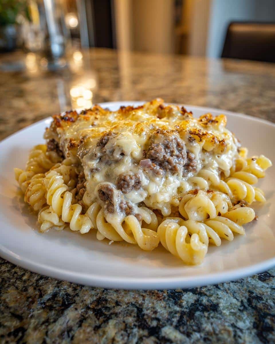 Devour 25-Minute Beef and Rotini in Garlic Sauce 6 A serving of Beef and Rotini in Garlic Parmesan Sauce on a white plate, showcasing the cheesy topping.