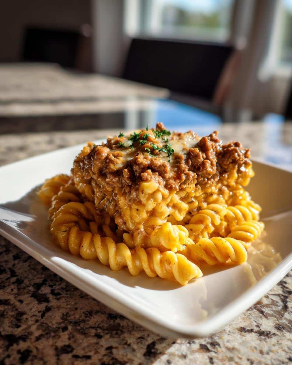 Devour 25-Minute Beef and Rotini in Garlic Sauce 7 A plate of Beef and Rotini in Garlic Parmesan Sauce, topped with cheese and parsley.