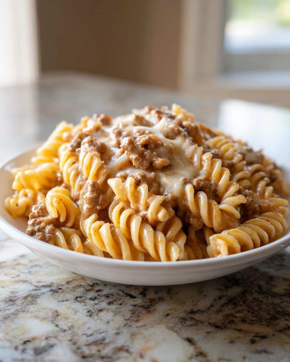 Devour 25-Minute Beef and Rotini in Garlic Sauce 8 A bowl of Beef and Rotini in Garlic Parmesan Sauce, featuring rotini pasta, ground beef, and a creamy garlic parmesan sauce.