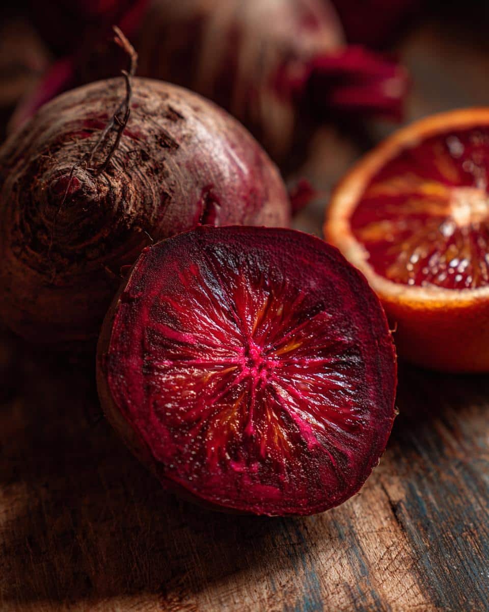 Beet and Orange Salad: 3 Secrets to a Blissful Taste 8 Close-up of fresh ingredients for Beet and Orange Salad: beets and a blood orange half.