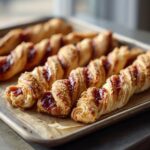 Close-up of golden brown Berry Puff Twists with berry filling on a baking sheet, ready to serve.