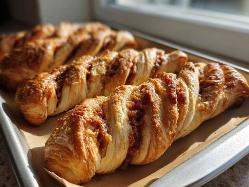 Three golden brown berry puff twists on a baking sheet, baked to perfection. Delicious and easy Berry Puff Twists recipe.