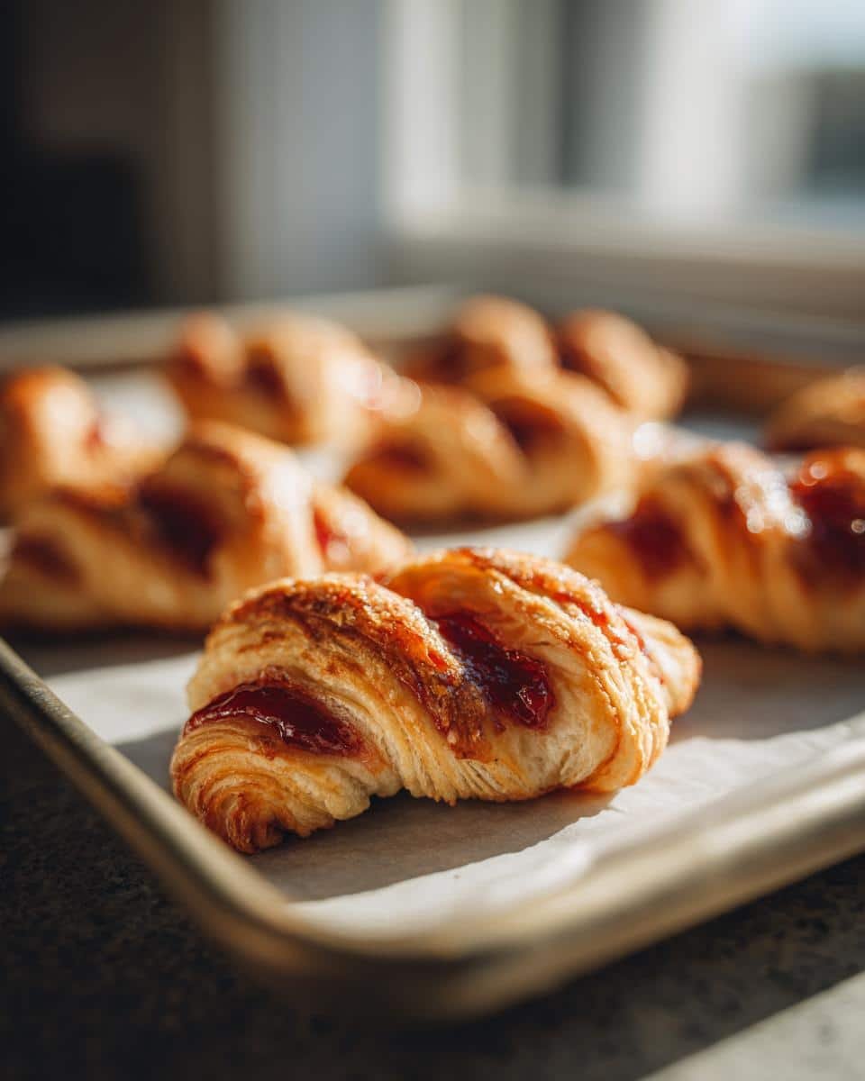 Berry Puff Twists: Ridiculously Easy Recipe Under 30 9 Close-up of golden brown Berry Puff Twists filled with berry jam on a baking sheet.