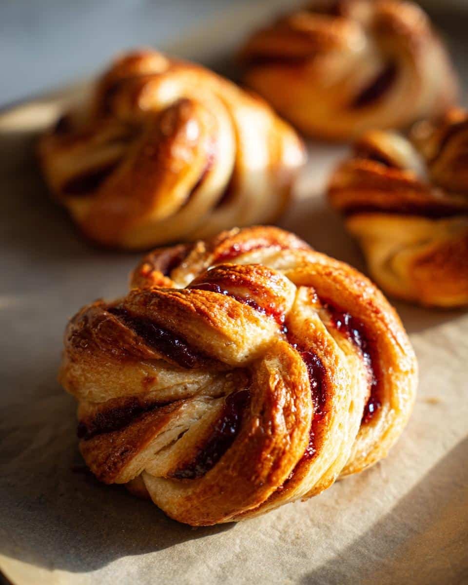 Berry Puff Twists: Ridiculously Easy Recipe Under 30 6 Close-up of golden brown Berry Puff Twists with berry filling on parchment paper. Freshly baked and delicious.