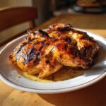 Whole grilled chicken, showcasing the Best Pollo Asado Recipe, on a white plate.