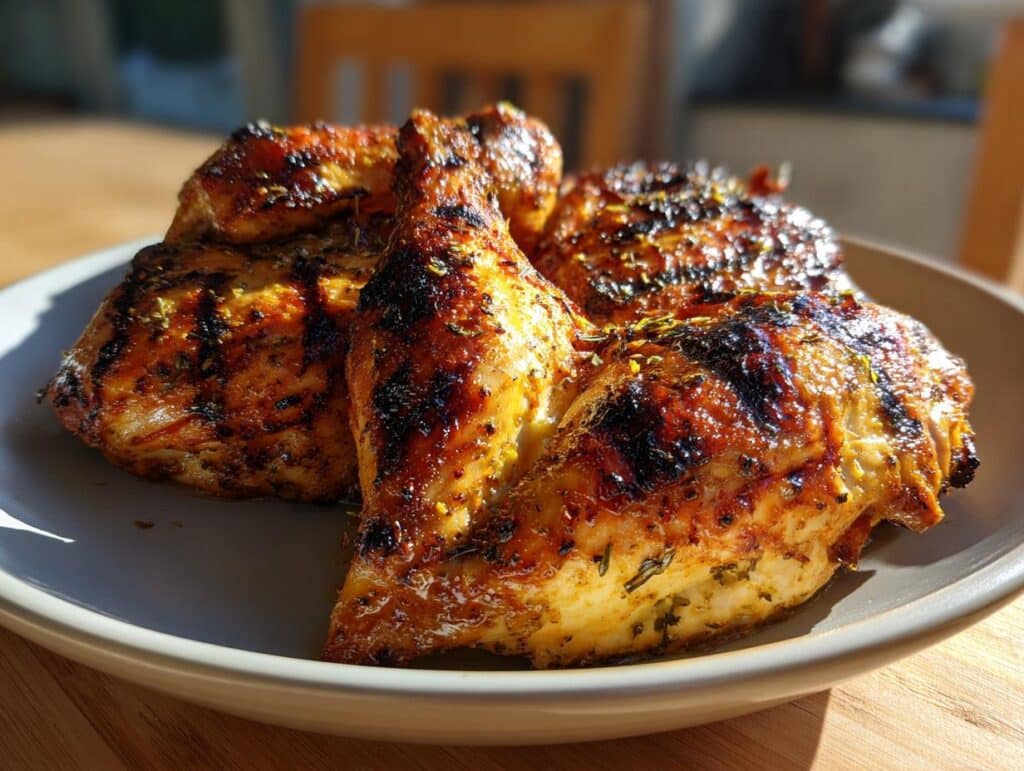 Close-up of perfectly grilled chicken, showcasing the Best Pollo Asado Recipe with herbs and a delicious char.