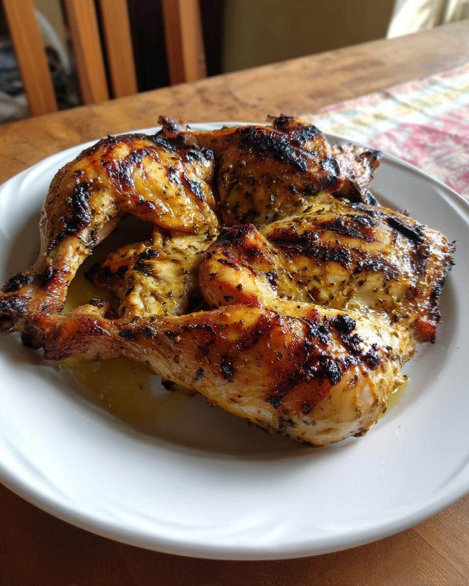 Devastatingly Delicious Best Pollo Asado Recipe in 4 Hours 9 Perfectly grilled Best Pollo Asado Recipe chicken on a white plate, showcasing golden-brown skin and grill marks.