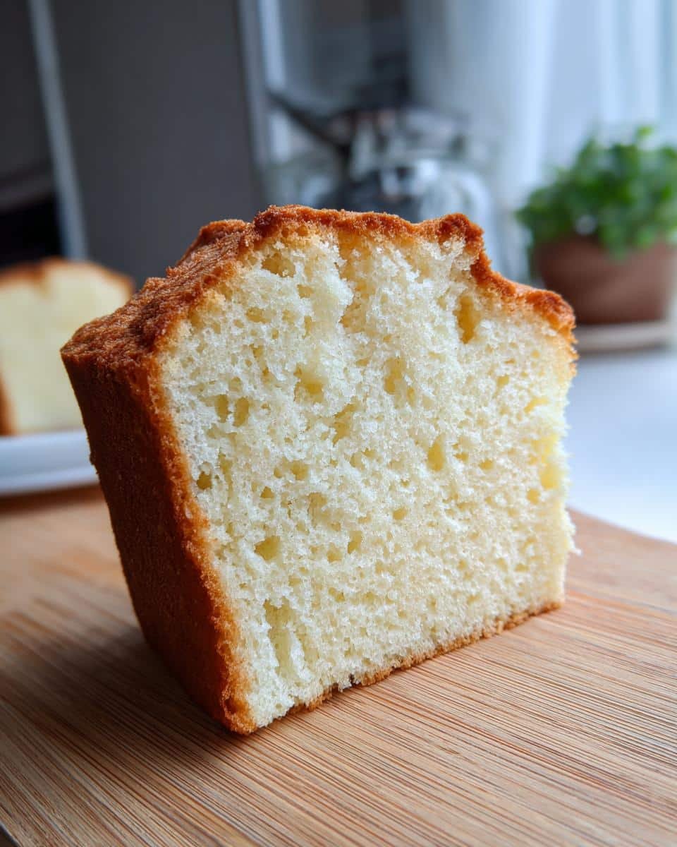 Best Sponge Cake: 6 Eggs to Irresistible Fluff 9 A close-up of a slice of Best Sponge Cake, showing its light and airy texture on a wooden board.